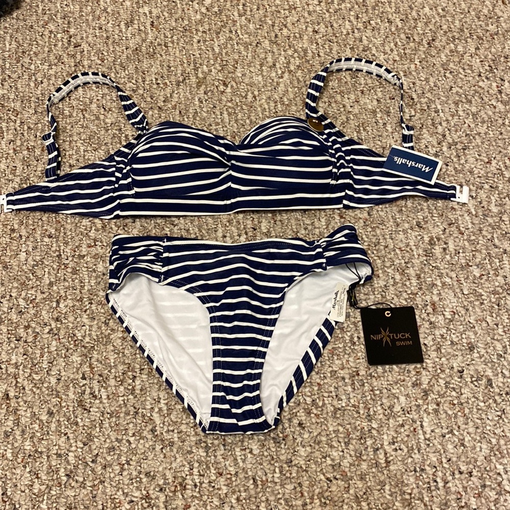 Navy with white stripes. Bikini set. Never worn. From Marshall’s size 4
